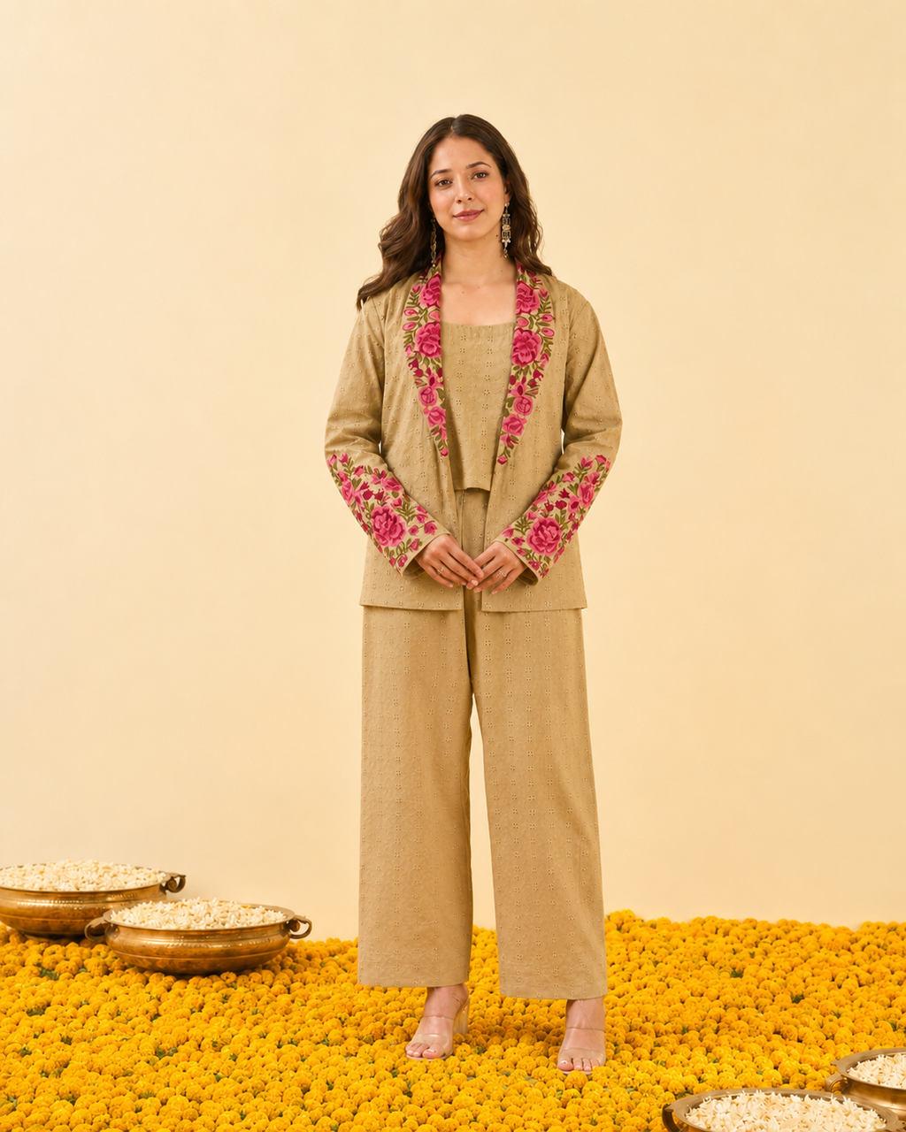 Beige Cotton Schiffli Co-ord Set