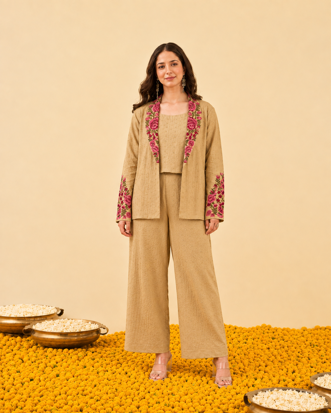 Beige Cotton Schiffli Co-ord Set Main image
