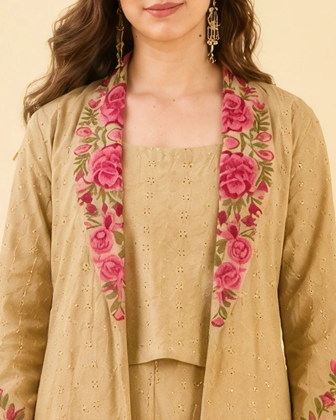 Beige Cotton Schiffli Co-ord Set