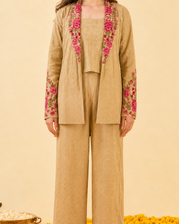Beige Cotton Schiffli Co-ord Set