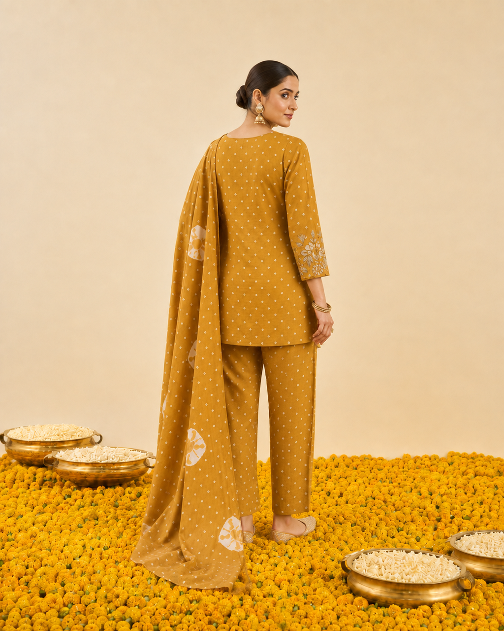 Mustard Bandhej Print Kurta Set