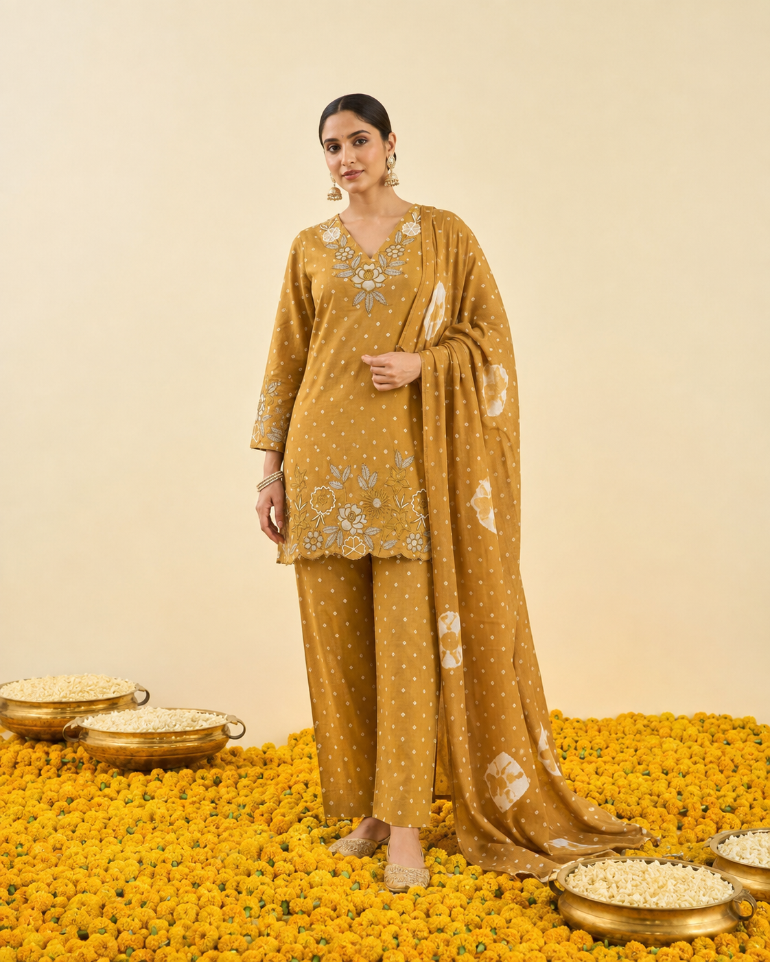 Mustard Bandhej Print Kurta Set
