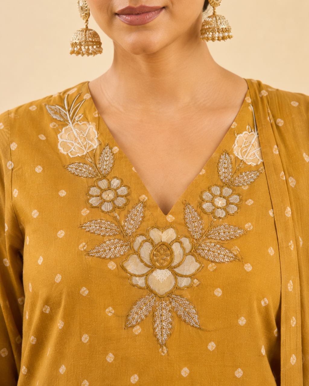 Mustard Bandhej Print Kurta Set