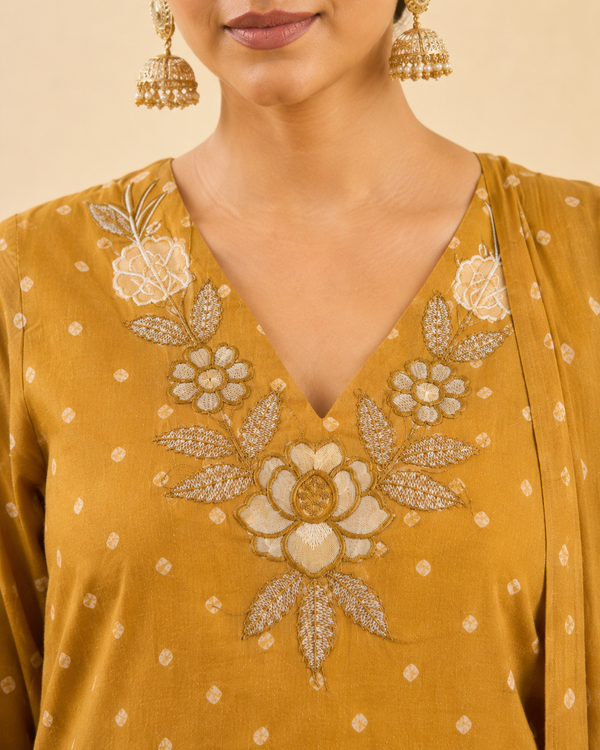 Mustard Bandhej Print Kurta Set