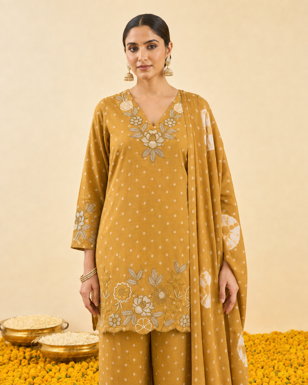 Mustard Bandhej Print Kurta Set