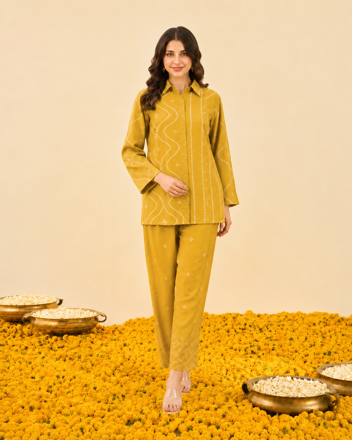 Mustard Bandhej Print Crape Co-ord Set Main image