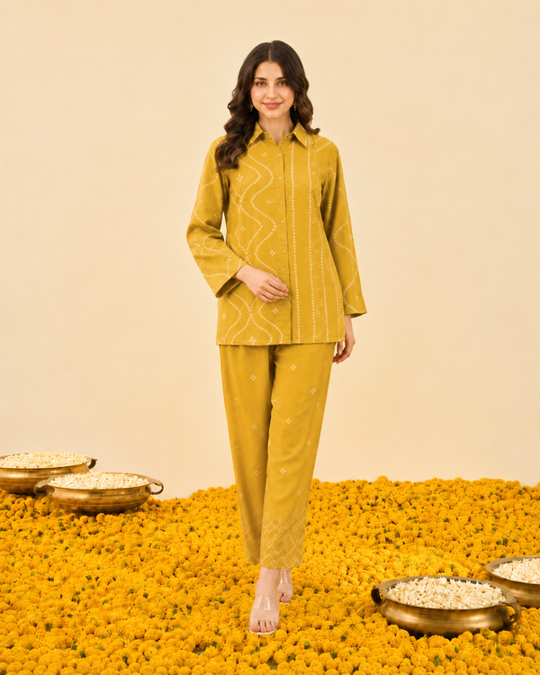 Mustard Bandhej Print Crape Co-ord Set
