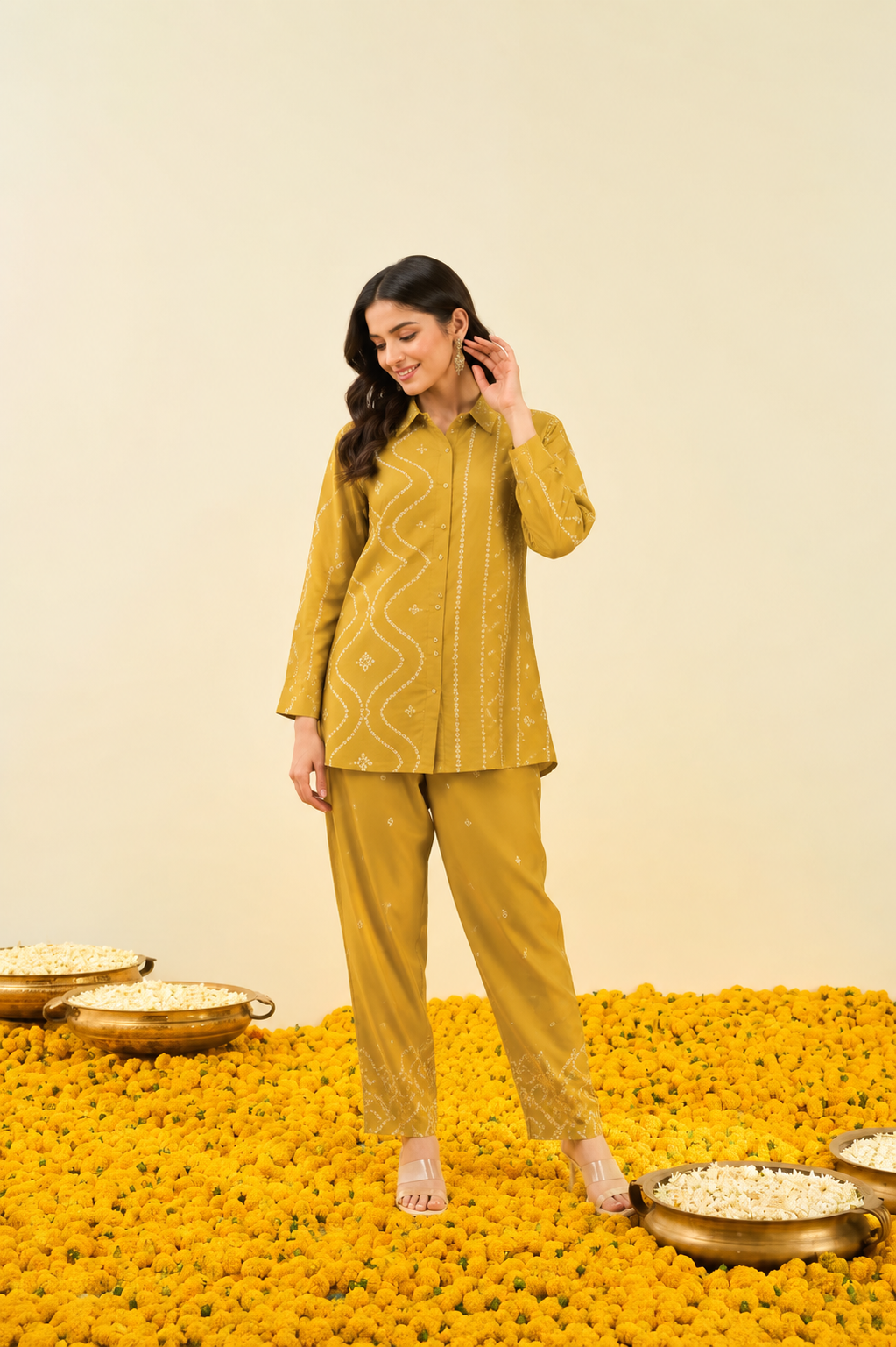 Mustard Bandhej Print Crape Co-ord Set