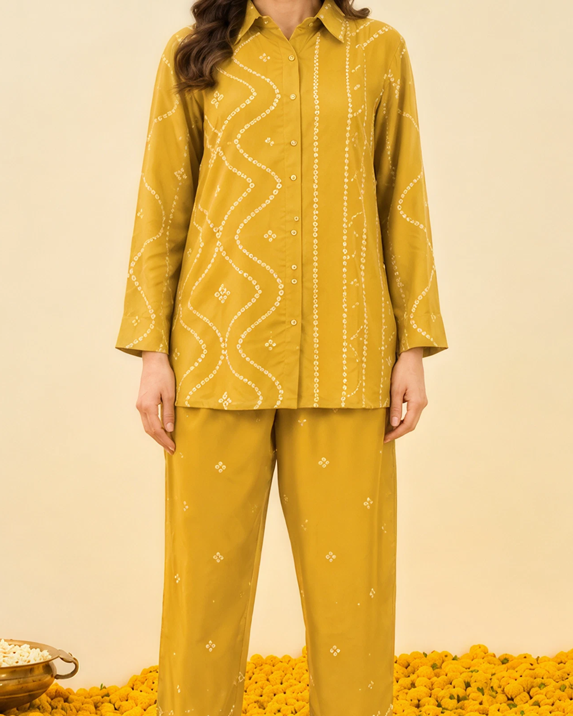 Mustard Bandhej Print Crape Co-ord Set