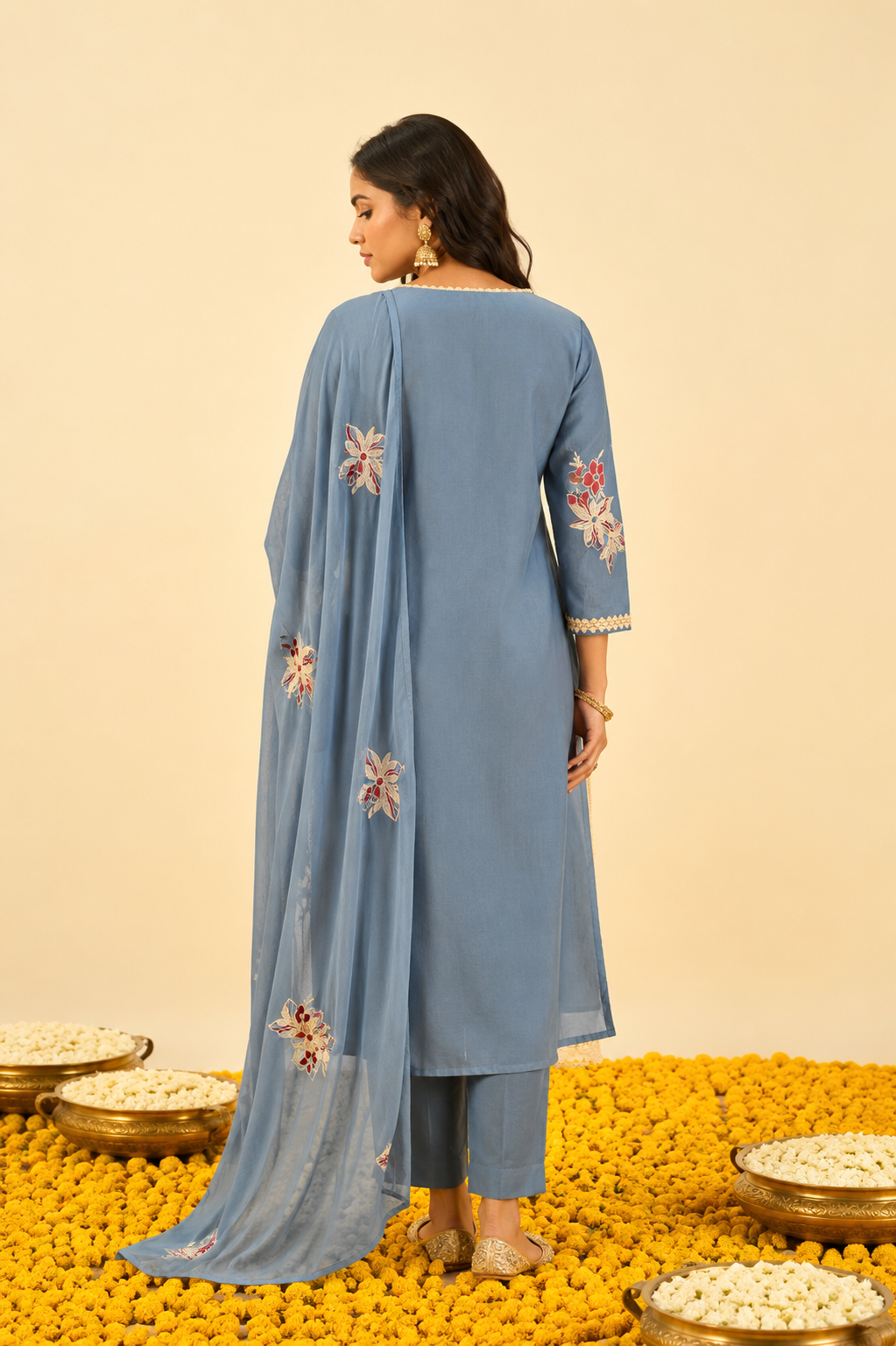Powder Blue Crush Cotton Kurta Set Secondary image