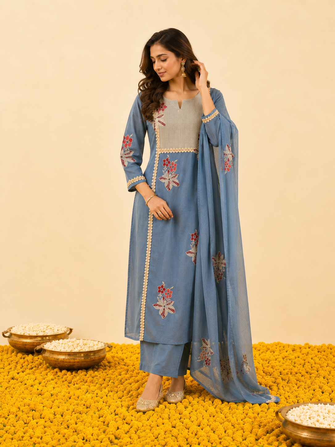 Powder Blue Crush Cotton Kurta Set