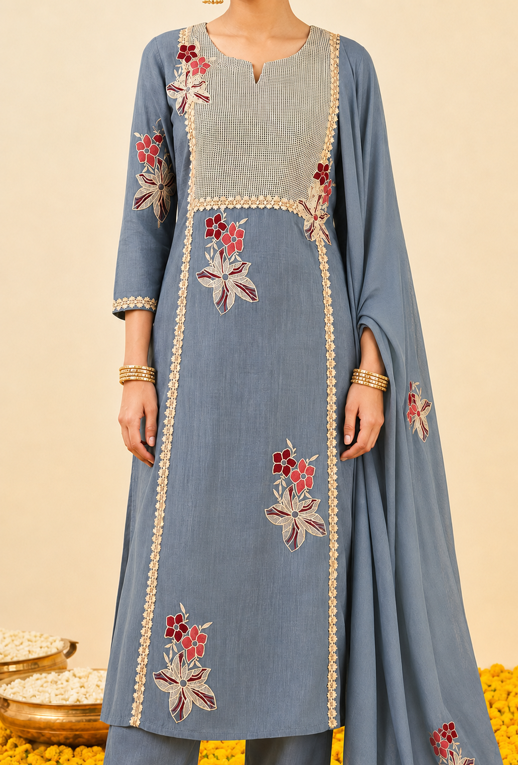Powder Blue Crush Cotton Kurta Set