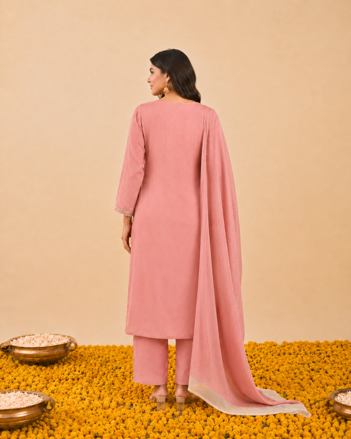 Powder Pink Mul Chanderi Kurta Set Secondary image