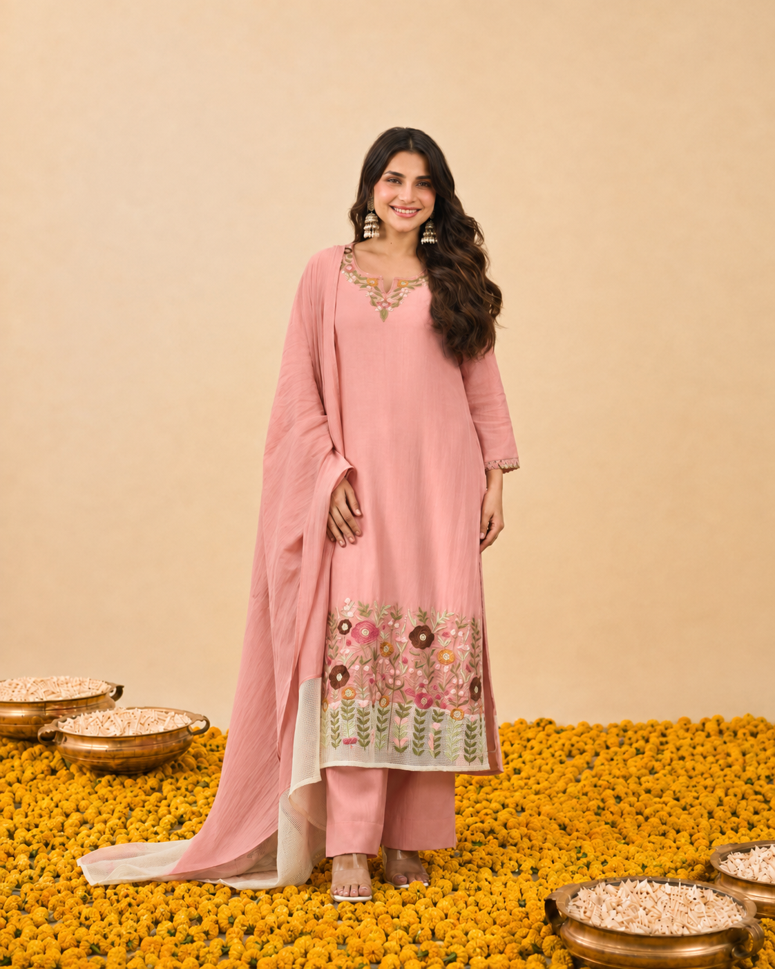 Powder Pink Mul Chanderi Kurta Set Main image