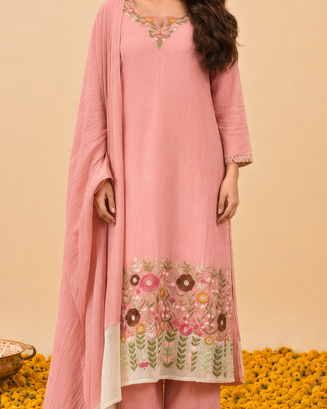 Powder Pink Mul Chanderi Kurta Set