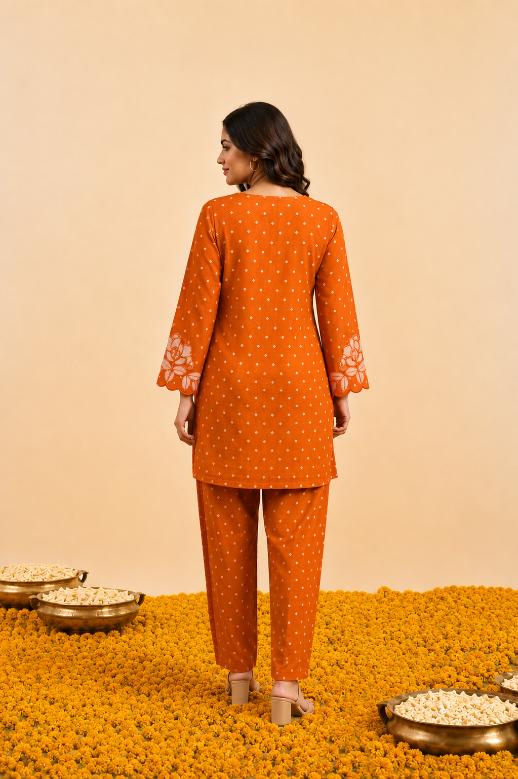 Rustic Orange Bandhej Print Kurta Set Secondary image