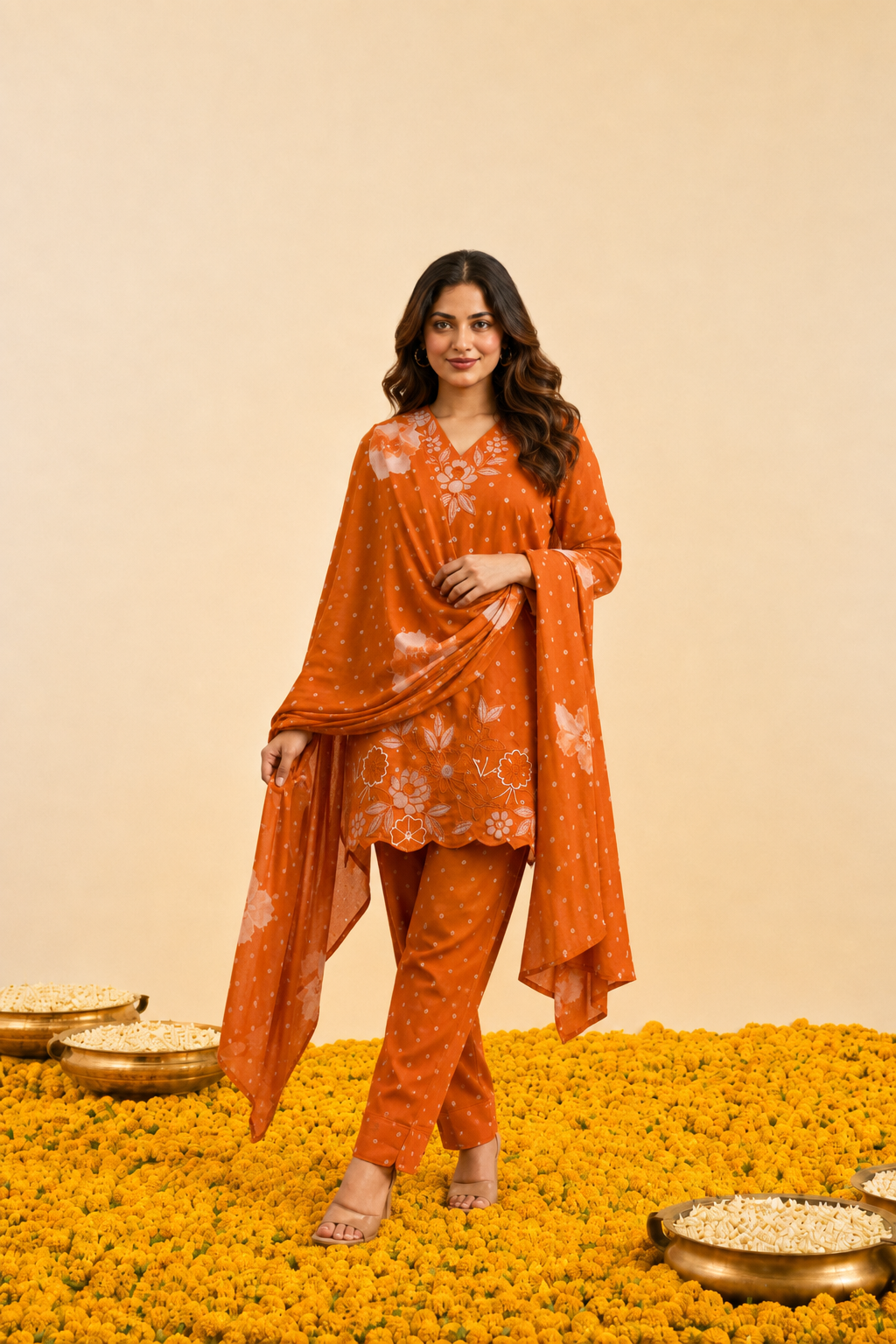 Rustic Orange Bandhej Print Kurta Set Main image