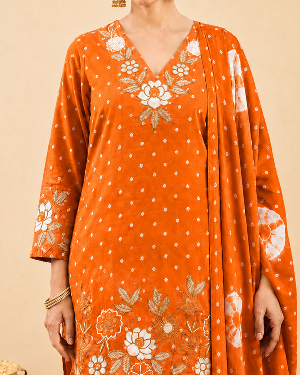 Rustic Orange Bandhej Print Kurta Set