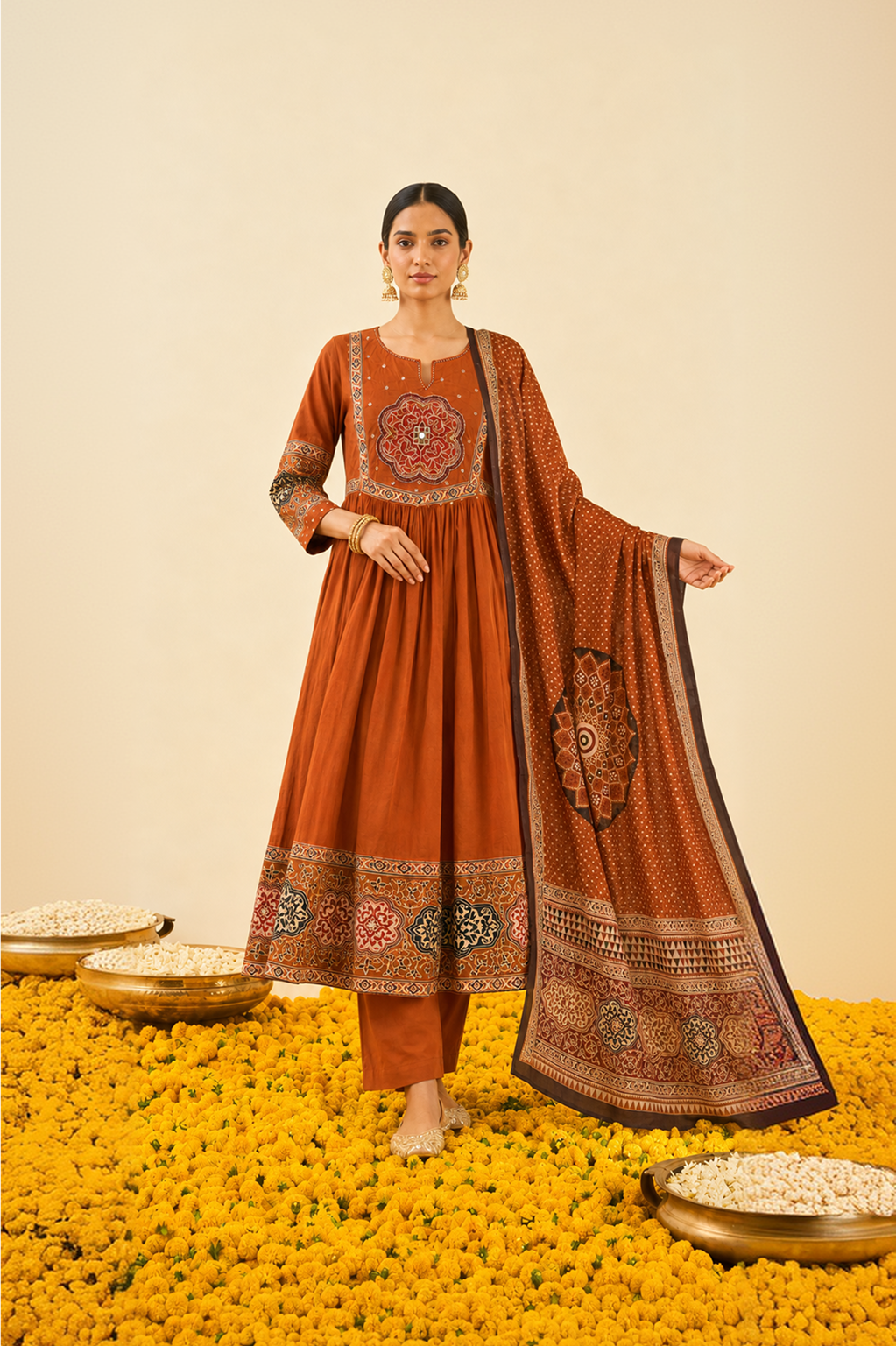 Rustic Orange Cotton A-Line Kurta Set Main image