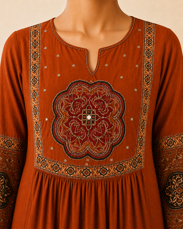 Rustic Orange Cotton A-Line Kurta Set