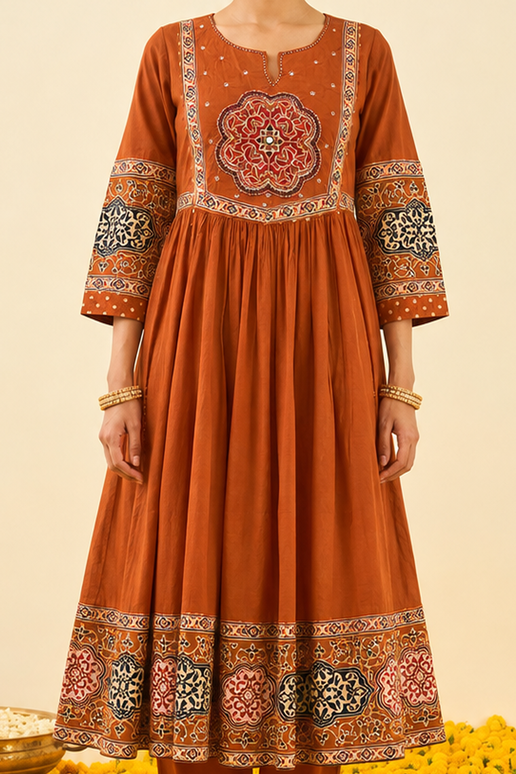Rustic Orange Cotton A-Line Kurta Set