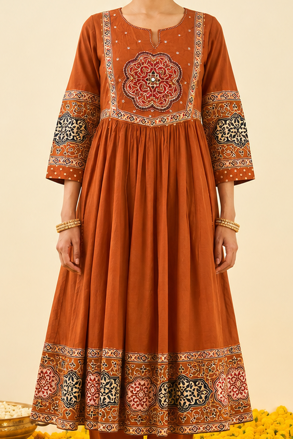 Rustic Orange Cotton A-Line Kurta Set