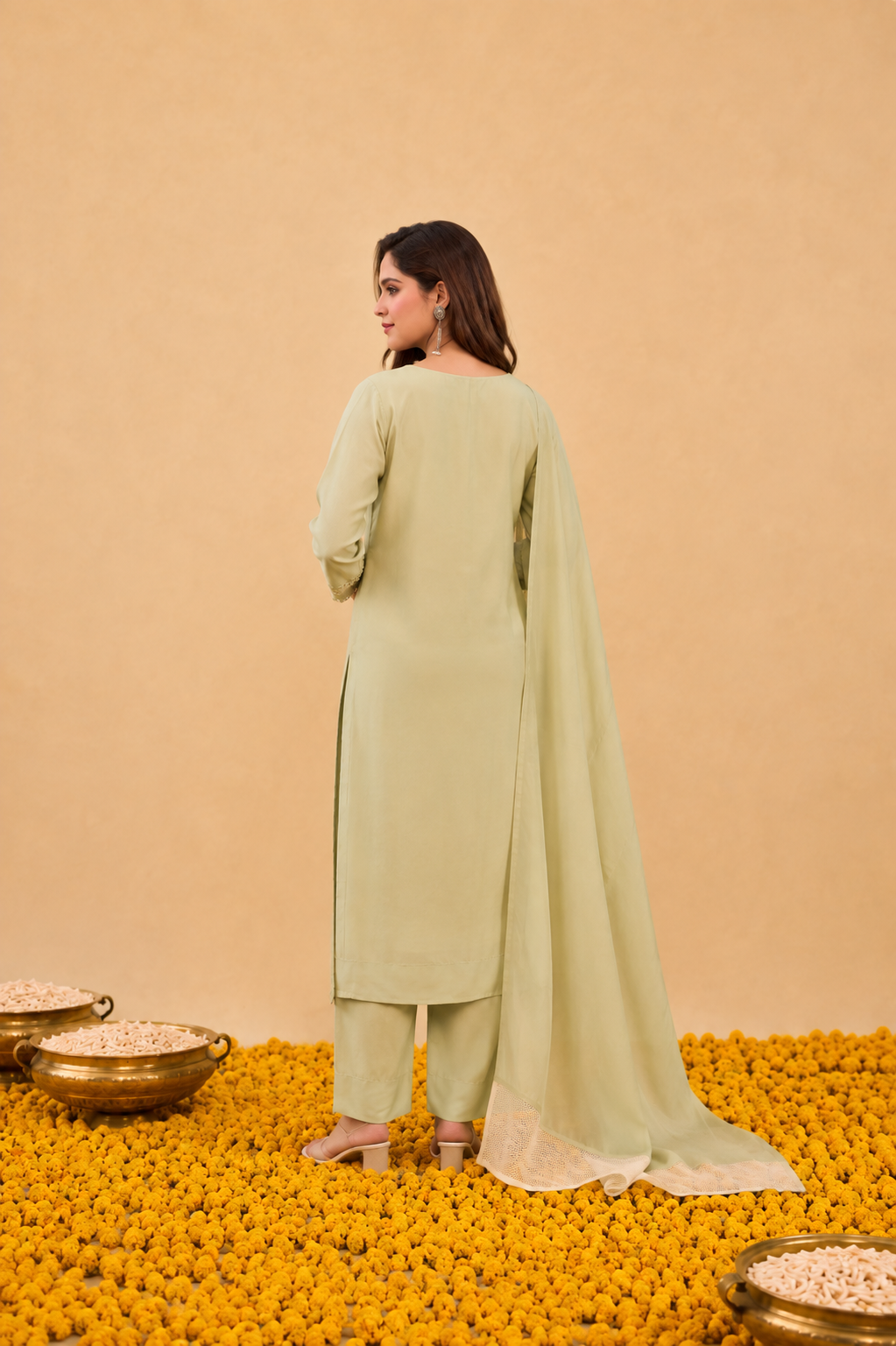 Soft Olive Mul Chanderi Kurta Set Secondary image