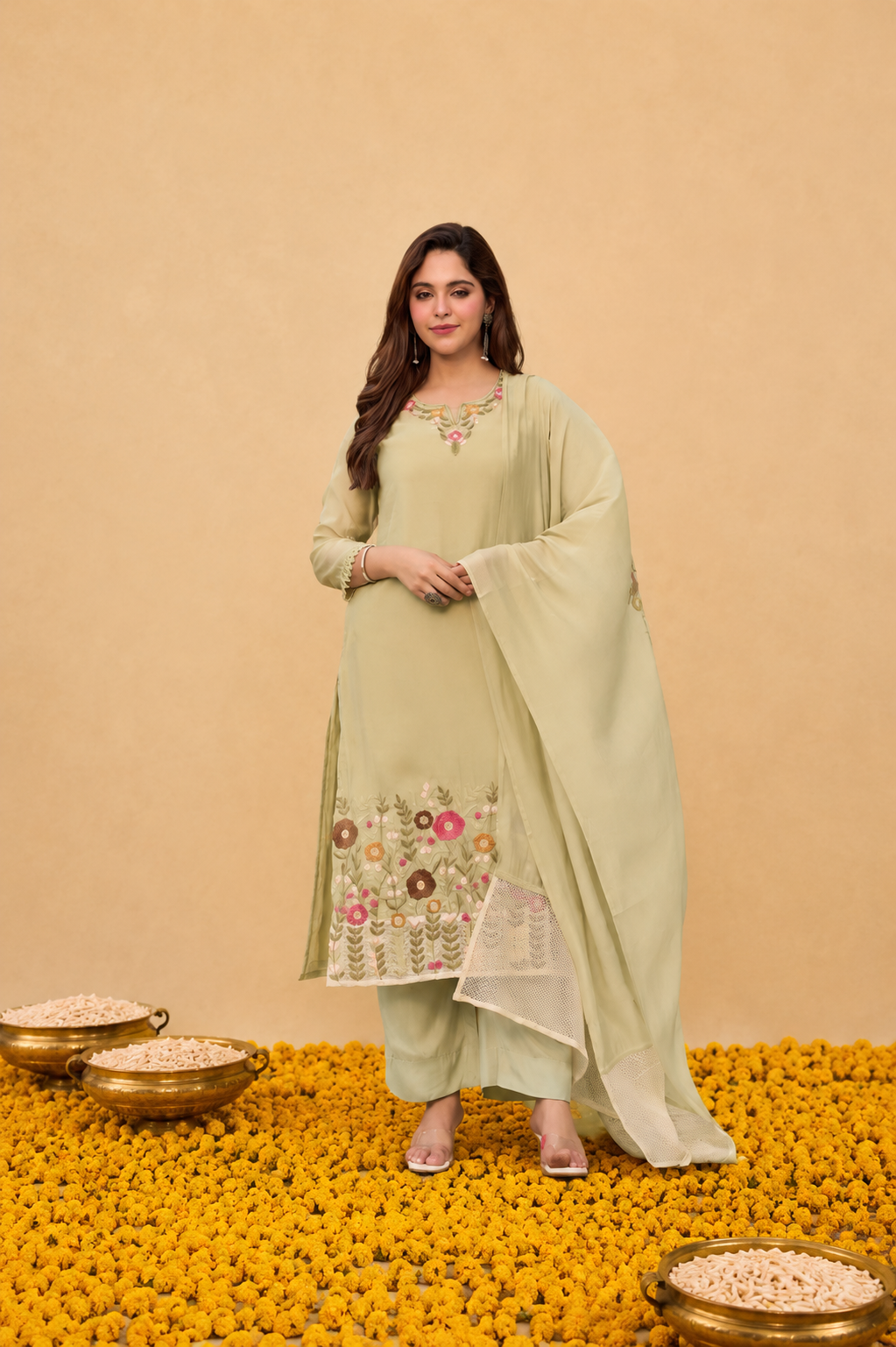 Soft Olive Mul Chanderi Kurta Set Main image