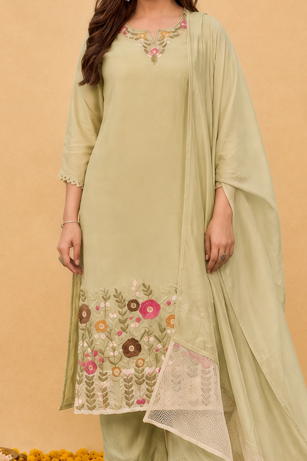 Soft Olive Mul Chanderi Kurta Set