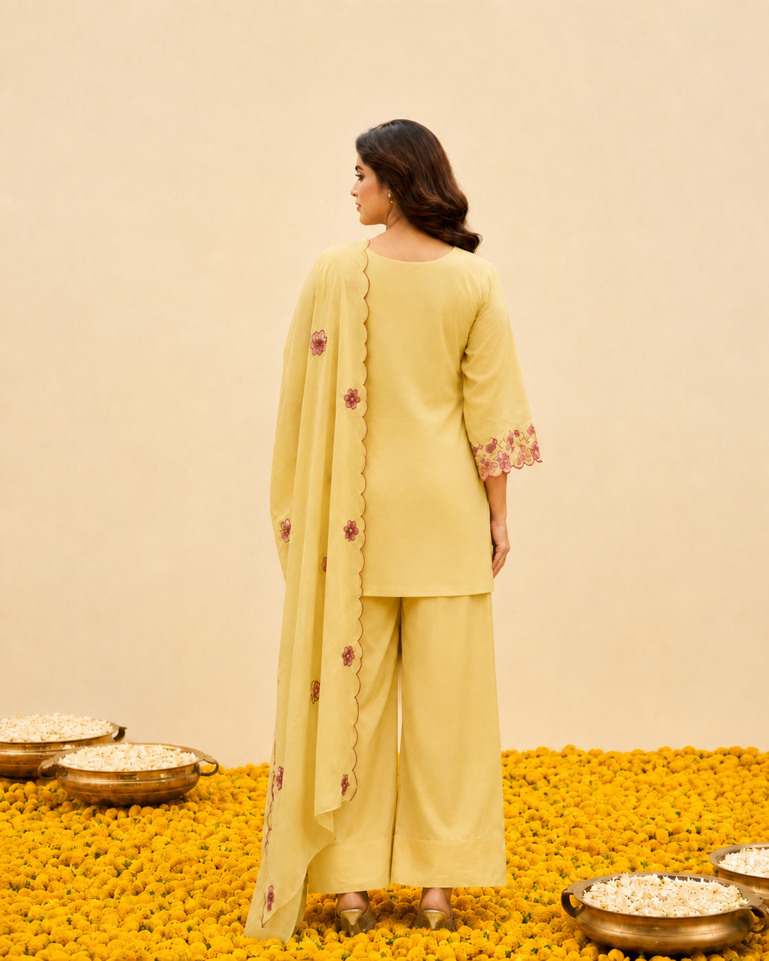 Yellow Schiffli Farshi Salwar Set Secondary image