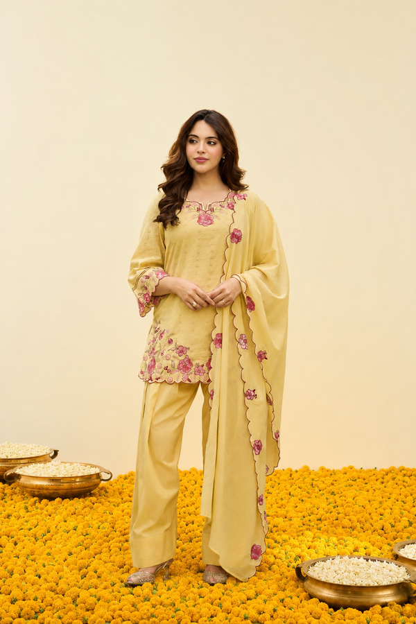 Yellow Schiffli Farshi Salwar Set